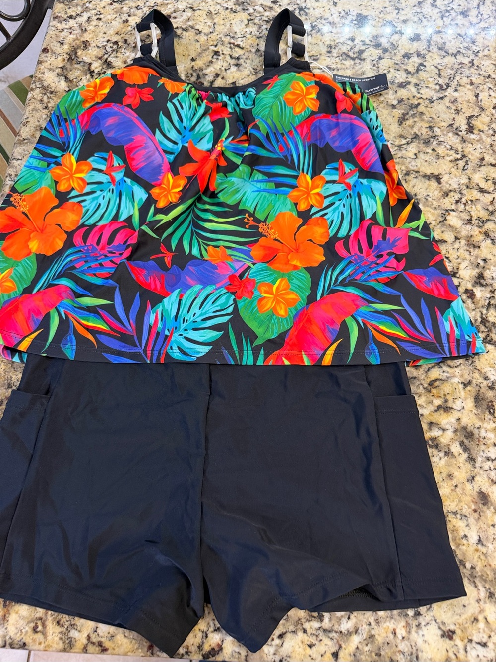 Floral Layered Tankini Set with Black Swim Shorts - Black Multicolor